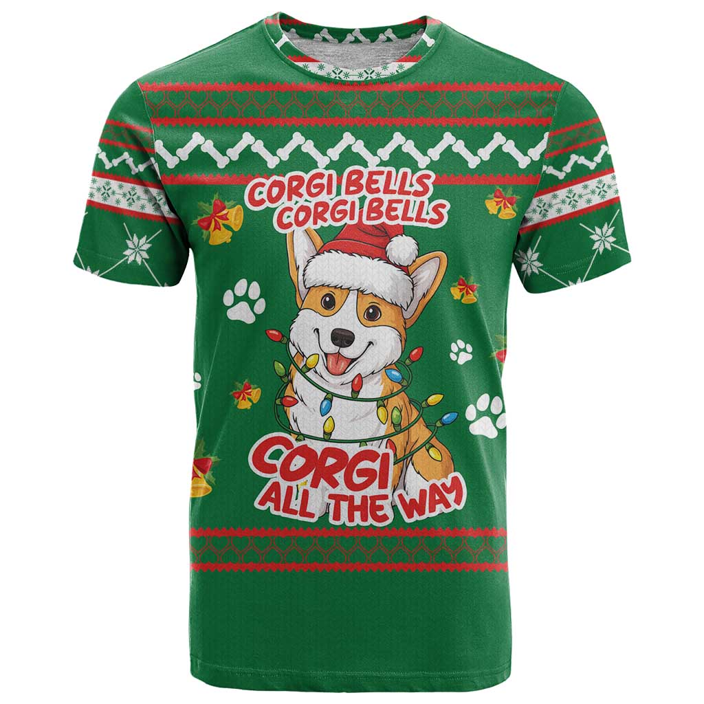 Corgi Dog Lights Corgi Bells Corgi All the Way T-Shirt wirh Green Snowflake Pattern Design Graphic Tee
