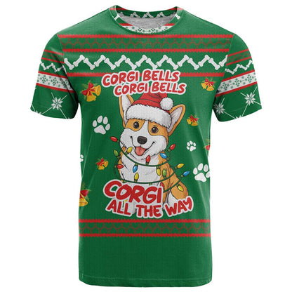Corgi Dog Lights Corgi Bells Corgi All the Way T-Shirt wirh Green Snowflake Pattern Design Graphic Tee
