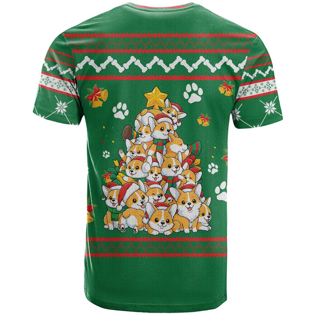 Corgi Dog Lights Corgi Bells Corgi All the Way T-Shirt wirh Green Snowflake Pattern Design Graphic Tee
