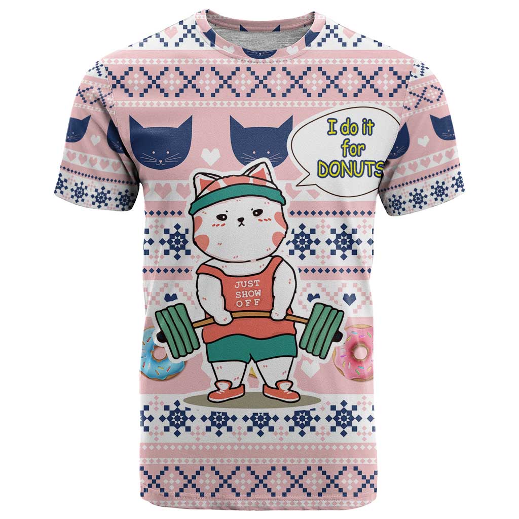 Cat I Do It For Donuts Christmas T-Shirt Xmas Holiday Patterns Graphic Tee