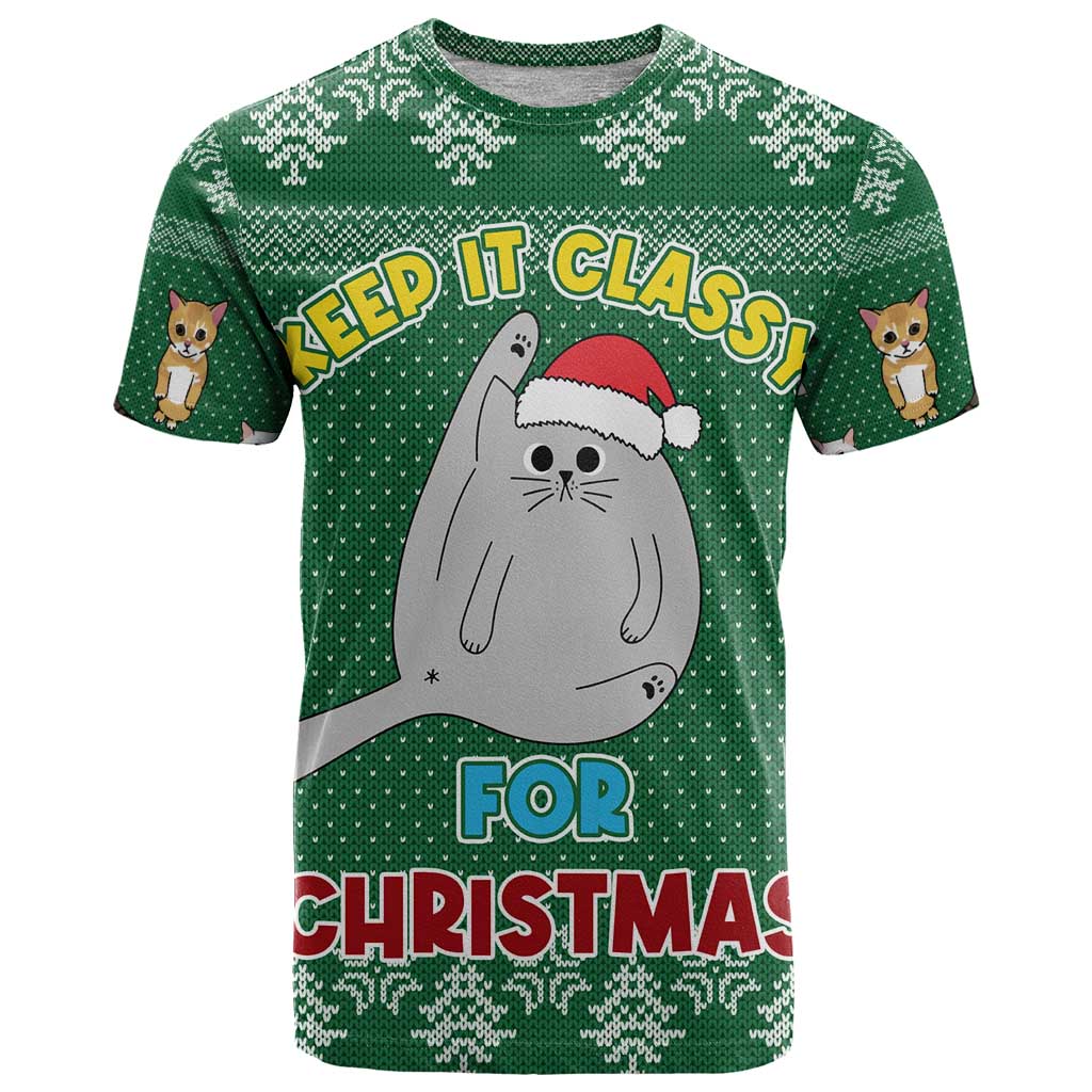 Cat Keep It Classy Christmas T-Shirt Xmas Holiday Patterns Graphic Tee