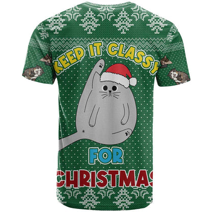 Cat Keep It Classy Christmas T-Shirt Xmas Holiday Patterns Graphic Tee