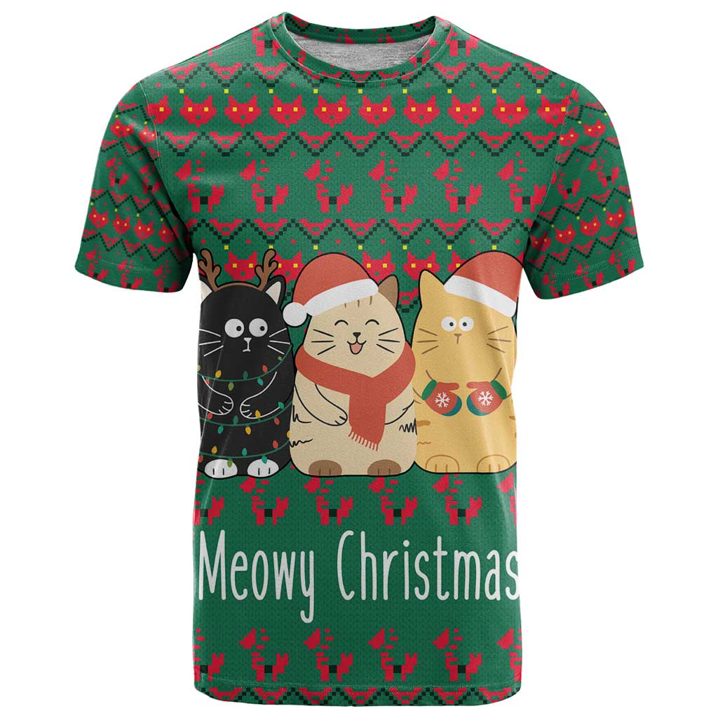 Cat Meowy Christmas T-Shirt Xmas Holiday Patterns Graphic Tee