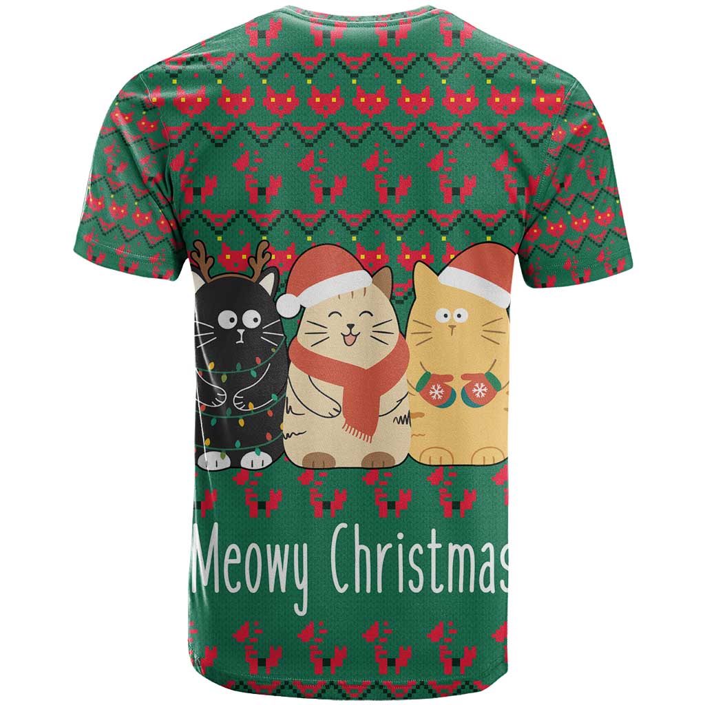 Cat Meowy Christmas T-Shirt Xmas Holiday Patterns Graphic Tee