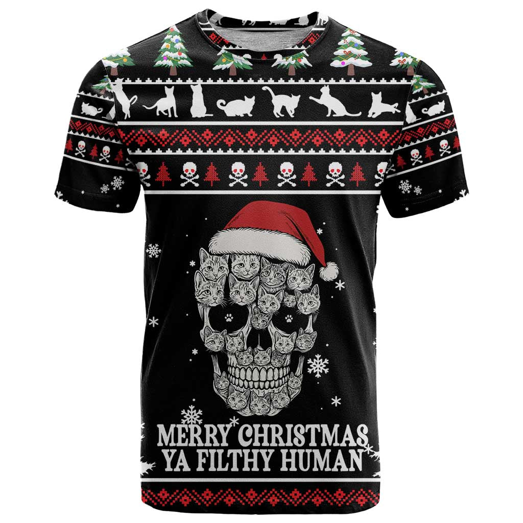 Cat Skull Santa Christmas T-Shirt Xmas Holiday Patterns Graphic Tee