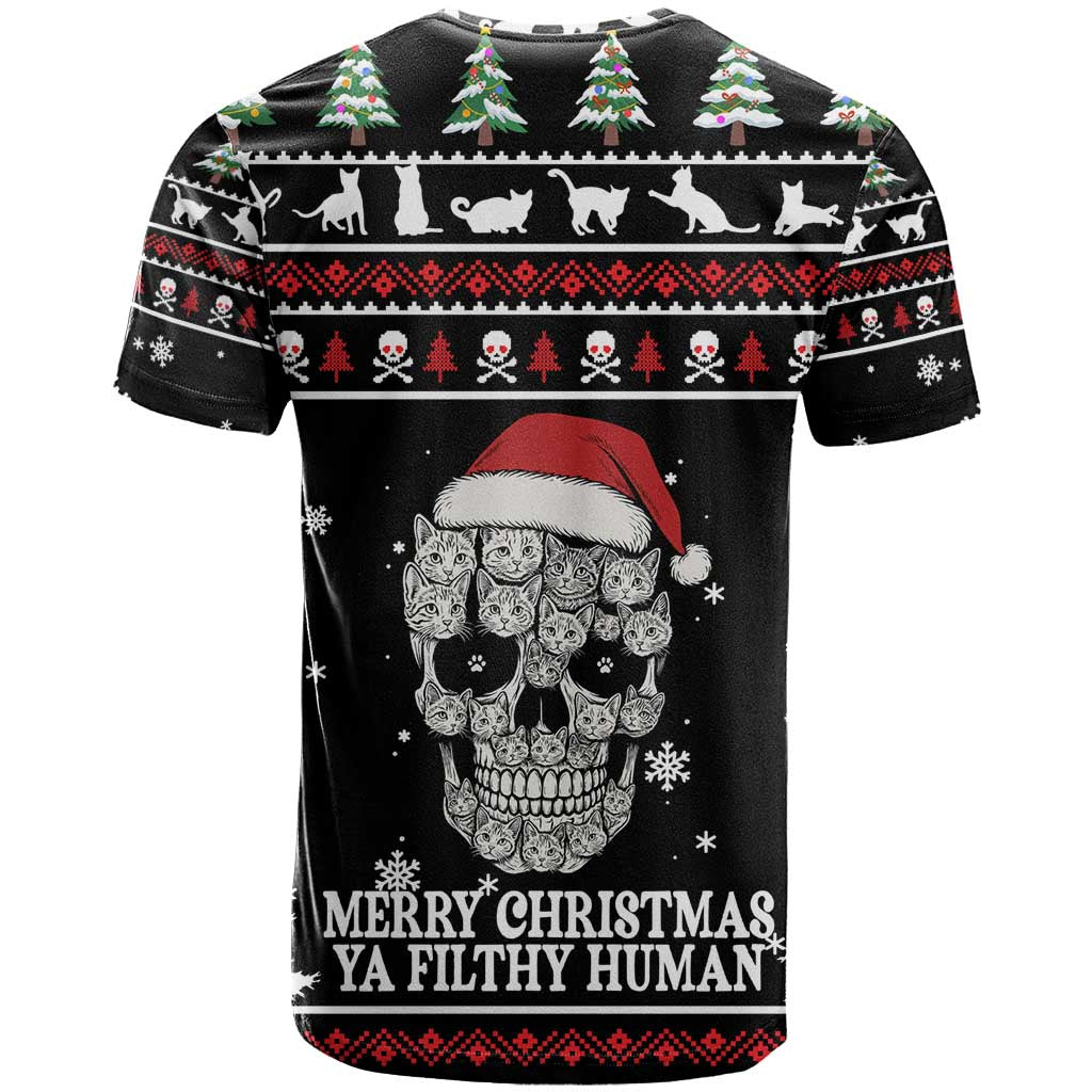 Cat Skull Santa Christmas T-Shirt Xmas Holiday Patterns Graphic Tee