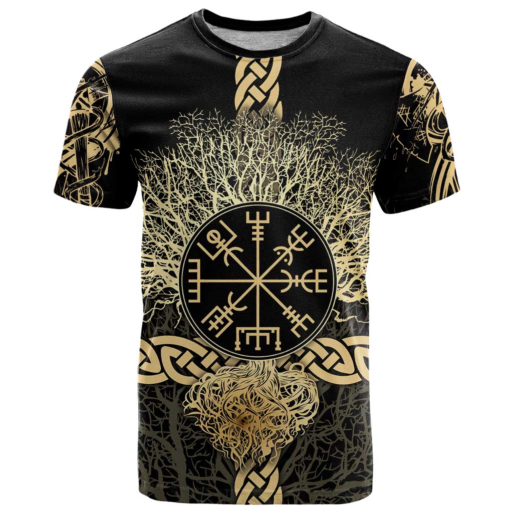 Vegvisir Compass Viking T-Shirt with Yggdrasil Tree and Axe Symbols Norse Mythology Tribute Graphic Tee