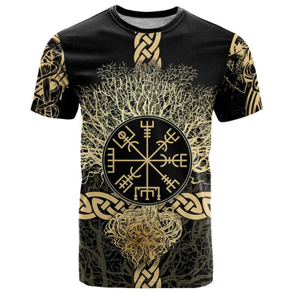 Vegvisir Compass Viking T-Shirt with Yggdrasil Tree and Axe Symbols Norse Mythology Tribute Graphic Tee