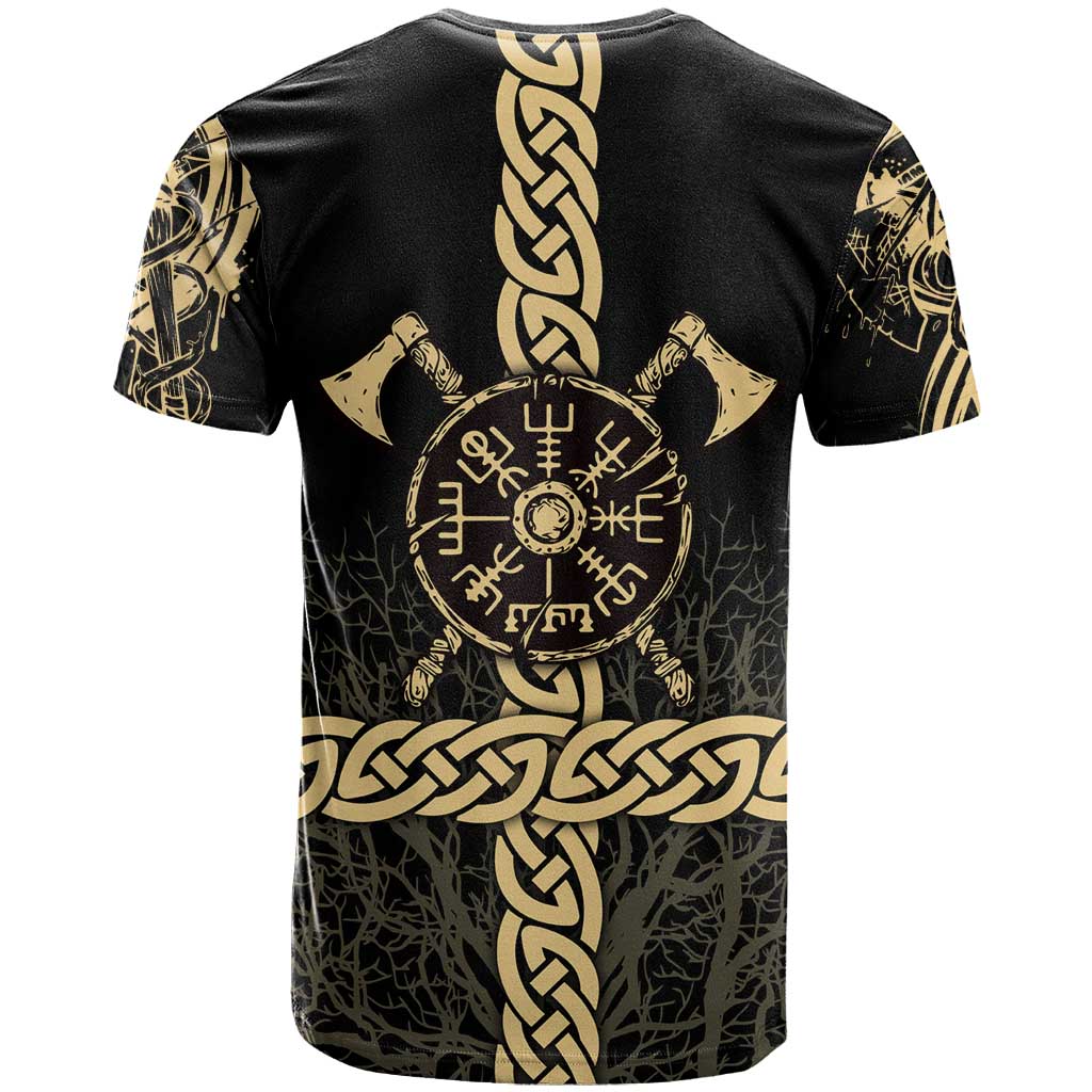 Vegvisir Compass Viking T-Shirt with Yggdrasil Tree and Axe Symbols Norse Mythology Tribute Graphic Tee