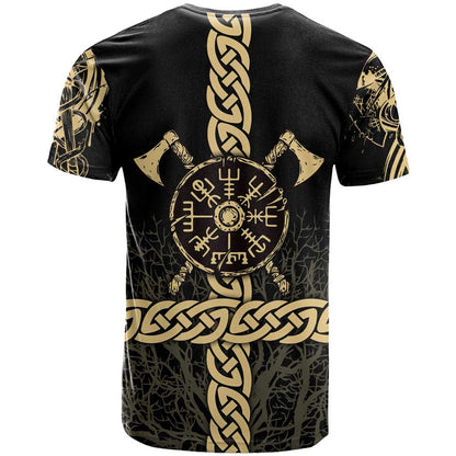 Vegvisir Compass Viking T-Shirt with Yggdrasil Tree and Axe Symbols Norse Mythology Tribute Graphic Tee