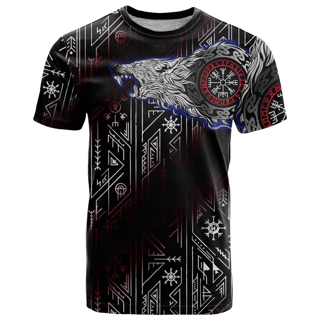Fenrir Wolf Viking T-Shirt with Vegvisir Runes and Red Circle Norse Legend Tribute Graphic Tee