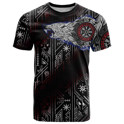 Fenrir Wolf Viking T-Shirt with Vegvisir Runes and Red Circle Norse Legend Tribute Graphic Tee