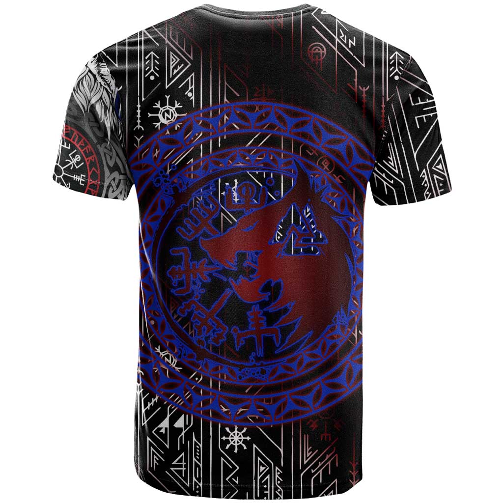 Fenrir Wolf Viking T-Shirt with Vegvisir Runes and Red Circle Norse Legend Tribute Graphic Tee