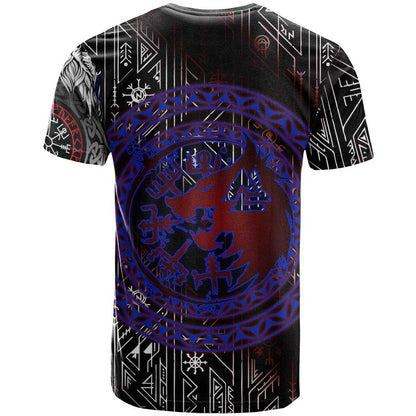 Fenrir Wolf Viking T-Shirt with Vegvisir Runes and Red Circle Norse Legend Tribute Graphic Tee