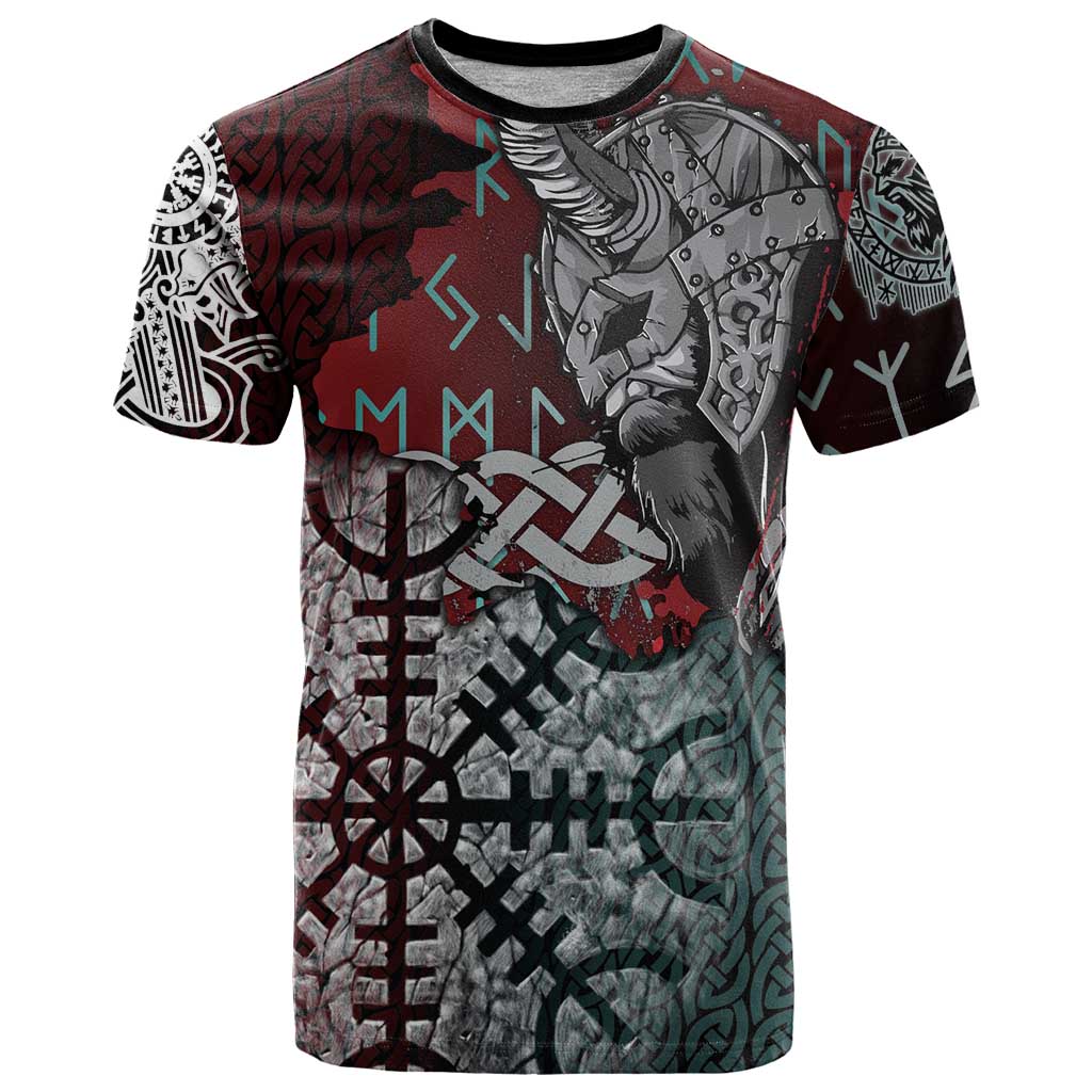 Viking Warrior T-Shirt with Runes and Blood Battle Scene Norse Valor Tribute Graphic Tee