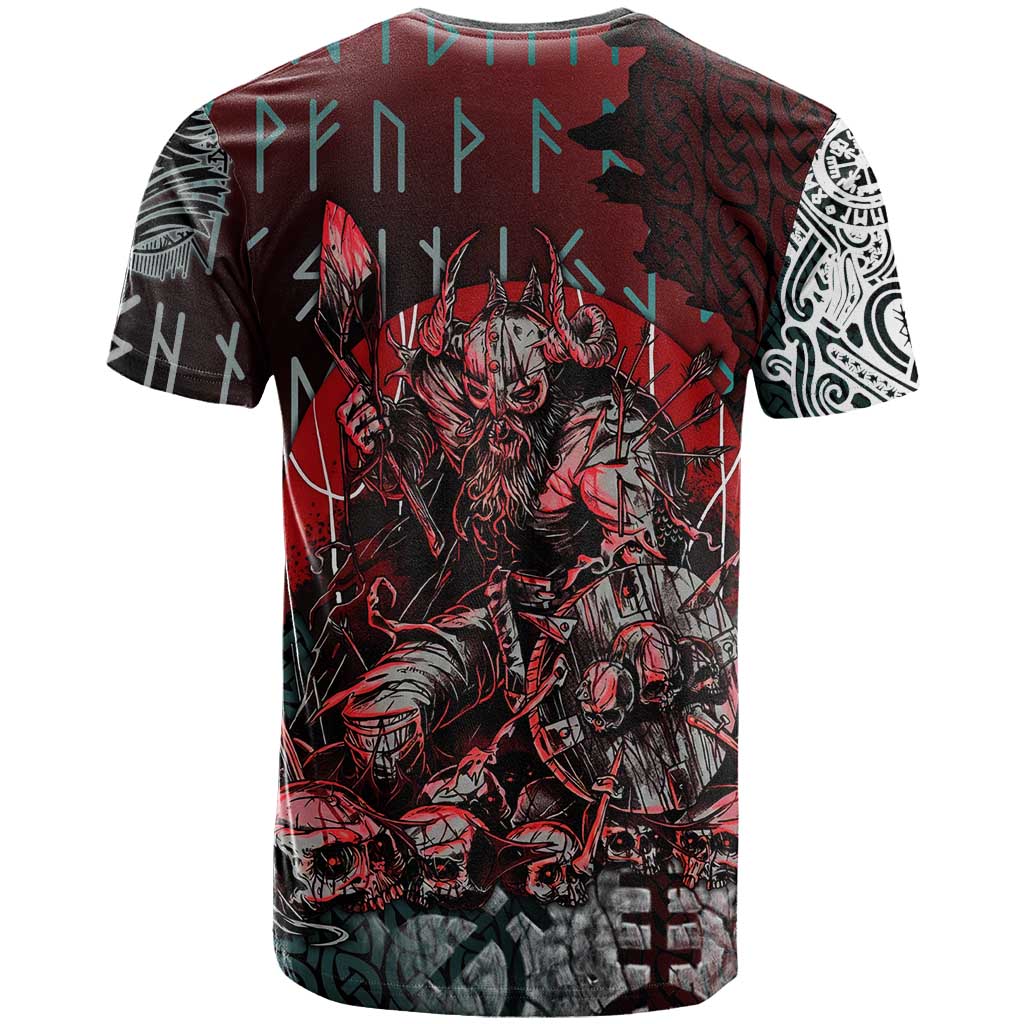 Viking Warrior T-Shirt with Runes and Blood Battle Scene Norse Valor Tribute Graphic Tee