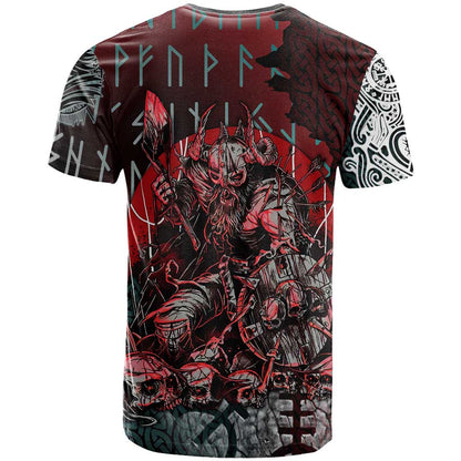 Viking Warrior T-Shirt with Runes and Blood Battle Scene Norse Valor Tribute Graphic Tee