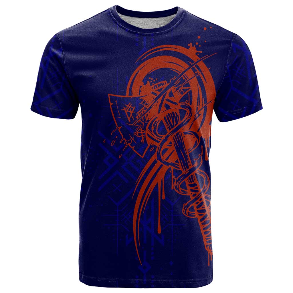 Valhalla Warrior Viking T-Shirt with Axes and Norse Symbols Norse Mythology Tribute Graphic Tee