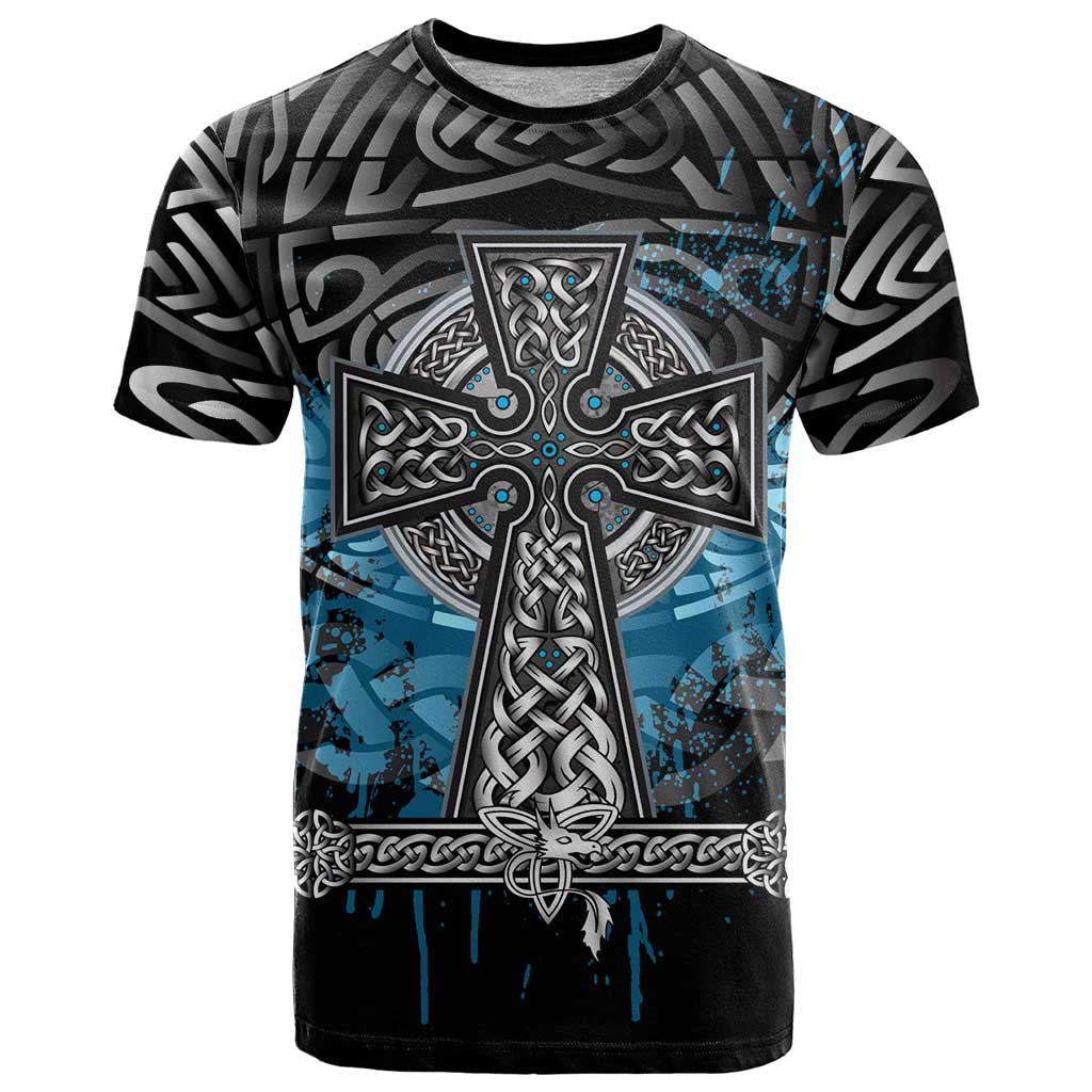 Thor Hammer Viking T-Shirt with Celtic Knots and Blue Splatter Norse Heritage Tribute Graphic Tee