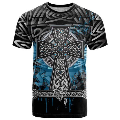 Thor Hammer Viking T-Shirt with Celtic Knots and Blue Splatter Norse Heritage Tribute Graphic Tee