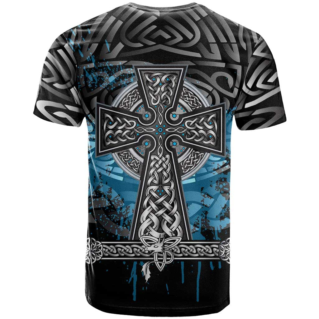 Thor Hammer Viking T-Shirt with Celtic Knots and Blue Splatter Norse Heritage Tribute Graphic Tee