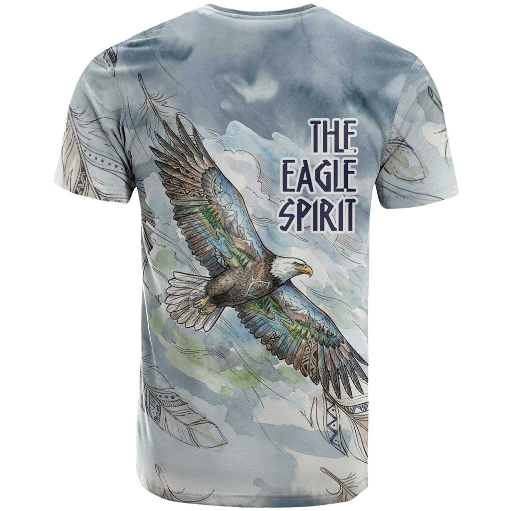 The Eagle Spirit Native American T-Shirt Soaring Bald Eagle and Tribal Feathers Watercolor Sky Graphic Tee