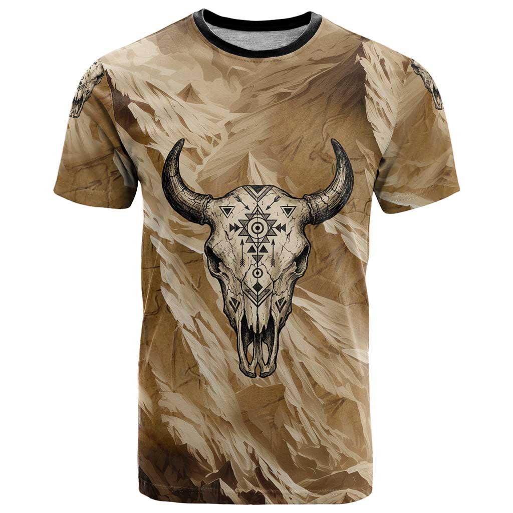 Buffalo Skull Native American T-Shirt Tribal Symbols and Mountain Scene Great Herd and Plains Guardians Graphic Tee