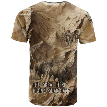 Buffalo Skull Native American T-Shirt Tribal Symbols and Mountain Scene Great Herd and Plains Guardians Graphic Tee