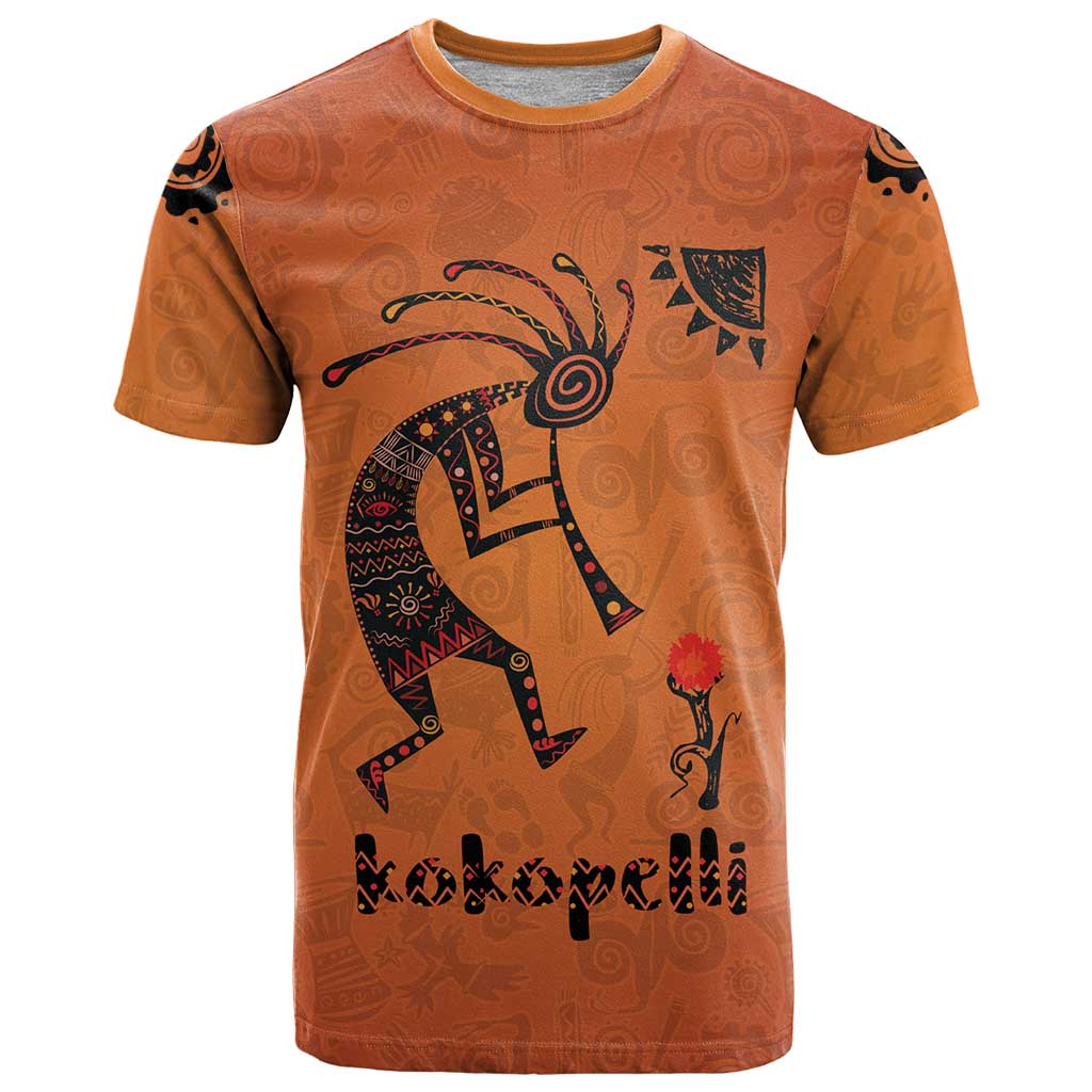 Kokopelli Tribal T-Shirt Native American Southwestern Petroglyph Patterns Sunset Landscape Graphic Tee