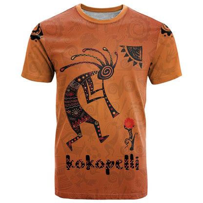 Kokopelli Tribal T-Shirt Native American Southwestern Petroglyph Patterns Sunset Landscape Graphic Tee