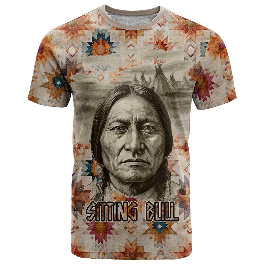 Sitting Bull Portrait T-Shirt Native American Tipi with Feathers and Spears Indigenous Pride Graphic Tee
