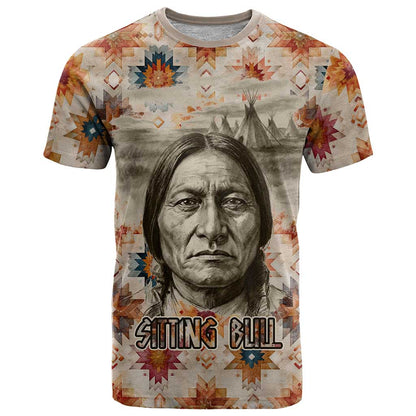 Sitting Bull Portrait T-Shirt Native American Tipi with Feathers and Spears Indigenous Pride Graphic Tee