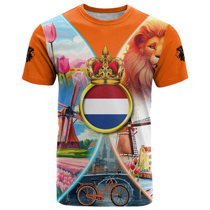 Dutch Lion Design T-Shirt with Tulips Windmills Bicycles and Coat of Arms Graphic Tee