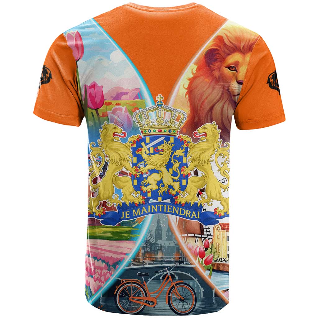 Dutch Lion Design T-Shirt with Tulips Windmills Bicycles and Coat of Arms Graphic Tee