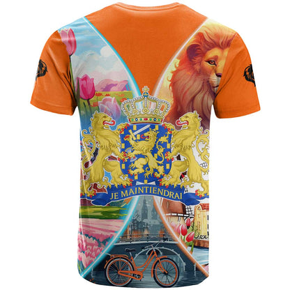 Dutch Lion Design T-Shirt with Tulips Windmills Bicycles and Coat of Arms Graphic Tee