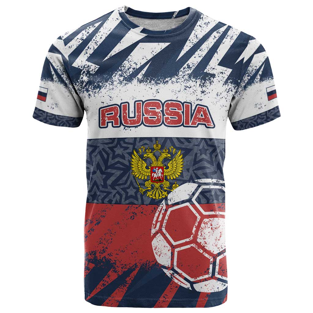 Personalized Russia Athletics T-Shirt with Soccer Ball, National Emblem, and Grunge Flag Design Graphic Tee
