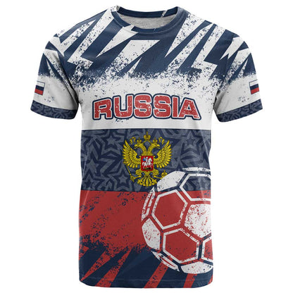 Personalized Russia Athletics T-Shirt with Soccer Ball, National Emblem, and Grunge Flag Design Graphic Tee