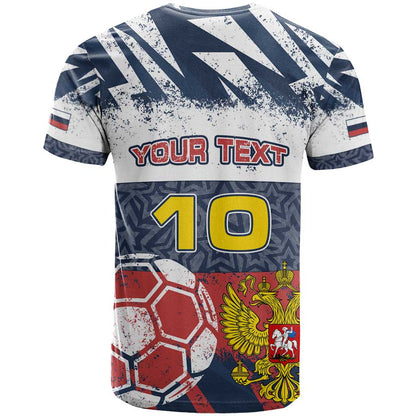 Personalized Russia Athletics T-Shirt with Soccer Ball, National Emblem, and Grunge Flag Design Graphic Tee