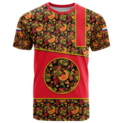 Russia Folk Art T-Shirt with Khokhloma Pattern and Traditional Rooster Design Graphic Tee