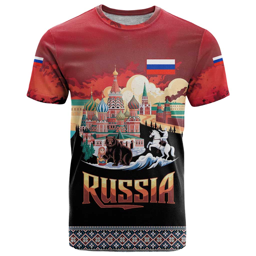 Russia Flag Red and Black Pullover T-Shirt with Moscow Skyline Bear and Horse Design Graphic Tee