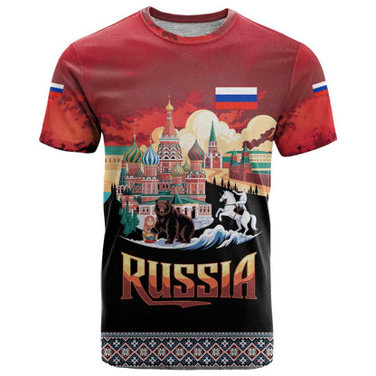Russia Flag Red and Black Pullover T-Shirt with Moscow Skyline Bear and Horse Design Graphic Tee