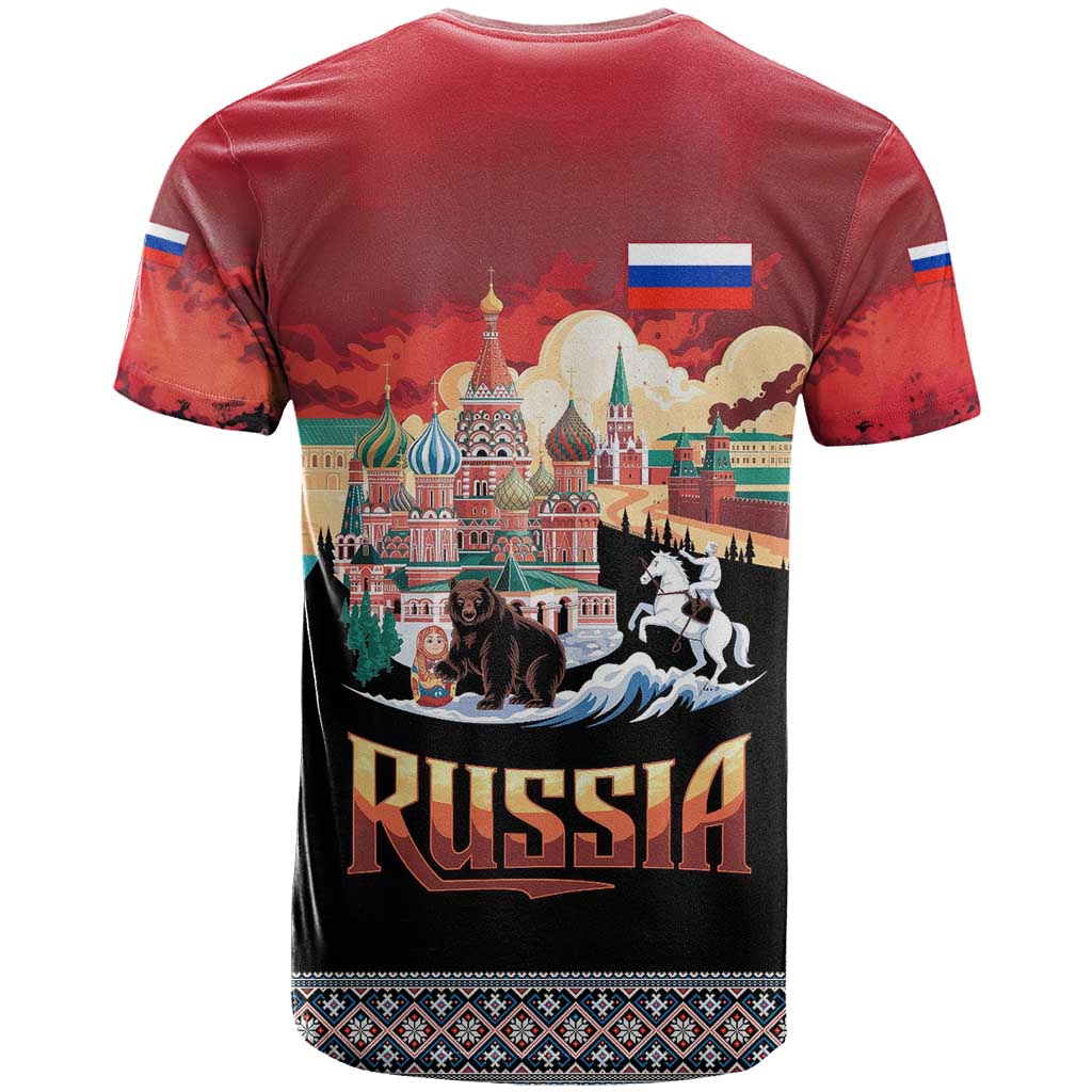 Russia Flag Red and Black Pullover T-Shirt with Moscow Skyline Bear and Horse Design Graphic Tee