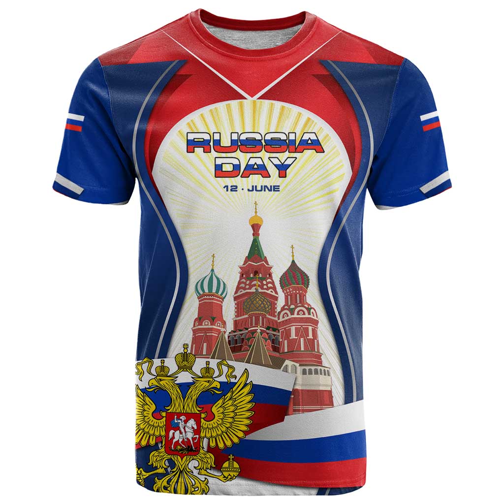Russia Day T-Shirt with Kremlin Illustration, National Emblem, and Flag Stripes Graphic Tee
