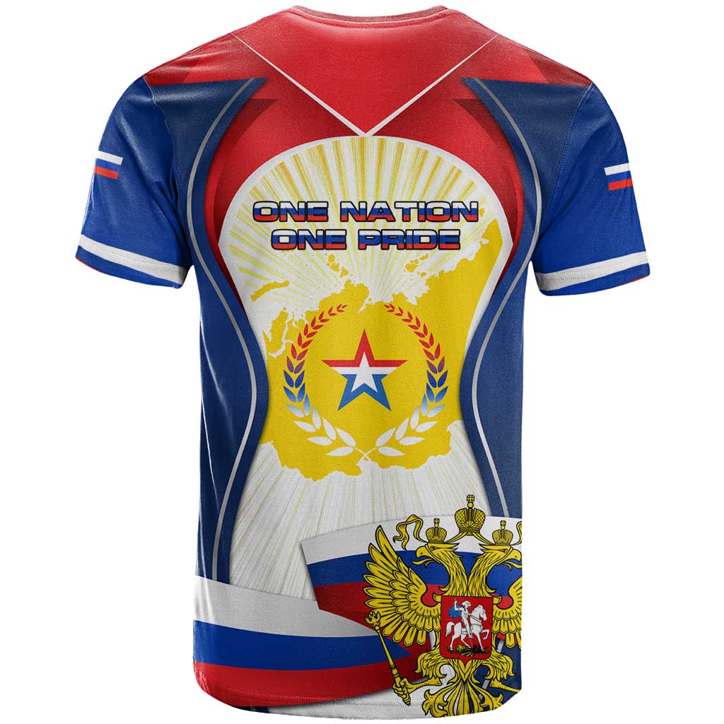 Russia Day T-Shirt with Kremlin Illustration, National Emblem, and Flag Stripes Graphic Tee