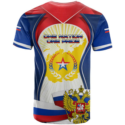 Russia Day T-Shirt with Kremlin Illustration, National Emblem, and Flag Stripes Graphic Tee