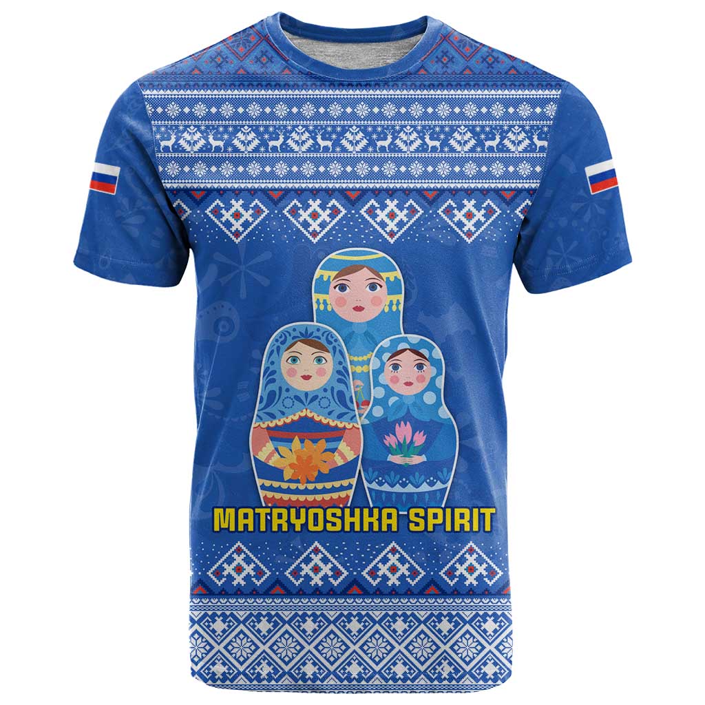 Russia Matryoshka Spirit T-Shirt with Folk Pattern and Double-Headed Eagle Emblem Graphic Tee