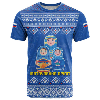 Russia Matryoshka Spirit T-Shirt with Folk Pattern and Double-Headed Eagle Emblem Graphic Tee