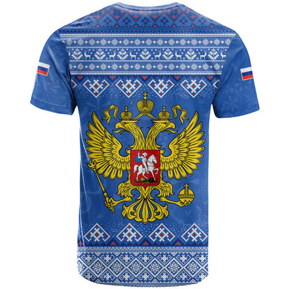 Russia Matryoshka Spirit T-Shirt with Folk Pattern and Double-Headed Eagle Emblem Graphic Tee