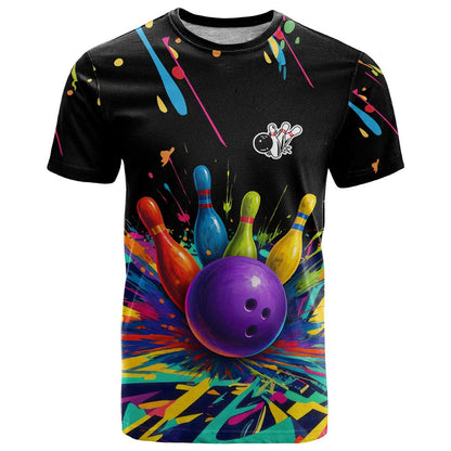 Custom Bowling Strike Design T-Shirt Colorful Pins and Purple Ball in Abstract Splatter Art Style Graphic Tee
