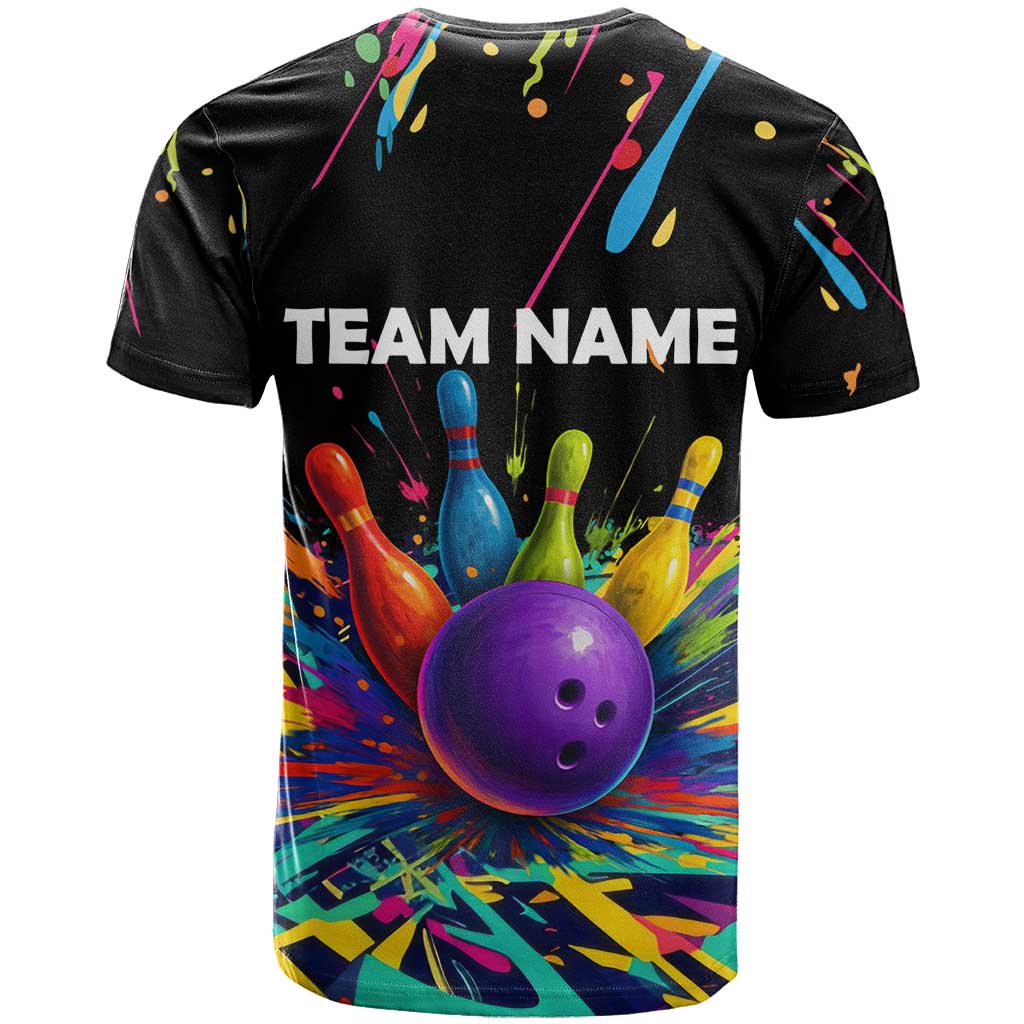 Custom Bowling Strike Design T-Shirt Colorful Pins and Purple Ball in Abstract Splatter Art Style Graphic Tee